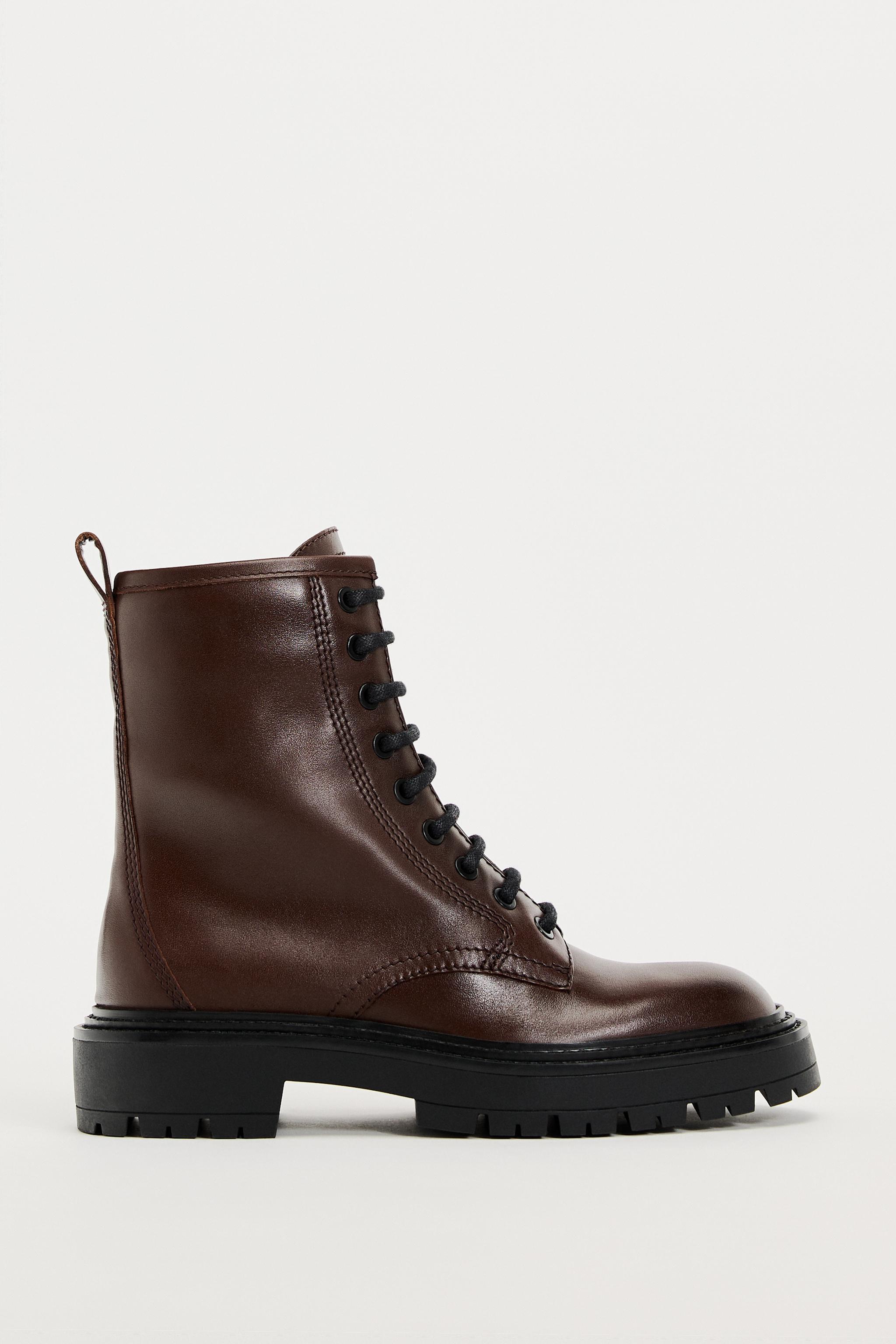 LACE-UP LEATHER ANKLE BOOTS - Chocolate Brown | ZARA United States