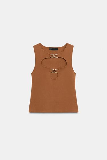 KNIT CUT-OUT TOP WITH METAL DETAIL - Light brown by Zara - Image 0