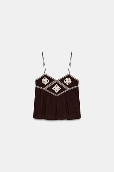 EMBROIDERED STRAPPY TOP - Brown by Zara - Image 6