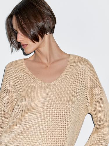 Zara Linen V-neck knit sweater - Light beige