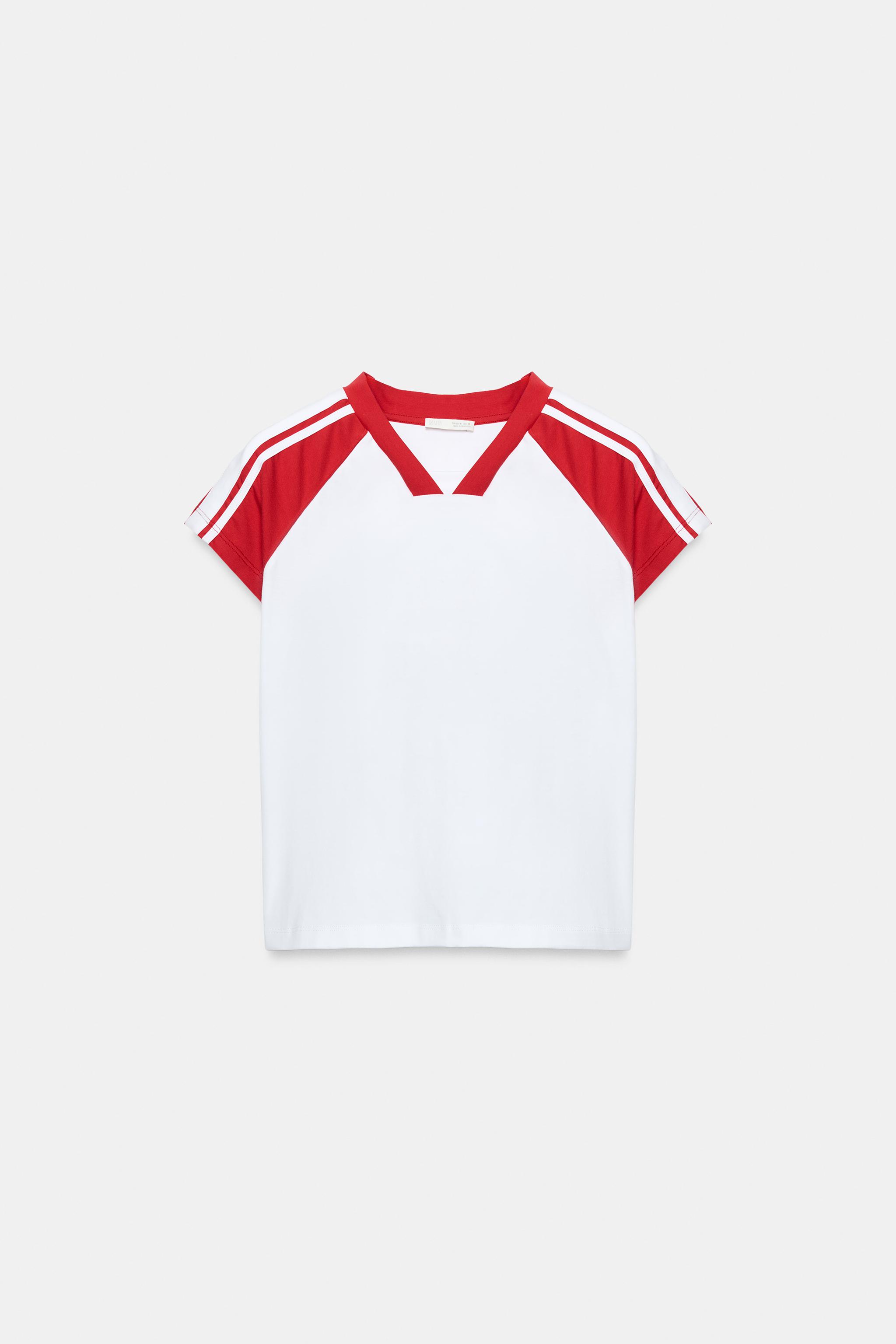 SIDE STRIPE RAGLAN SLEEVE T-SHIRT - White / Red | ZARA Canada