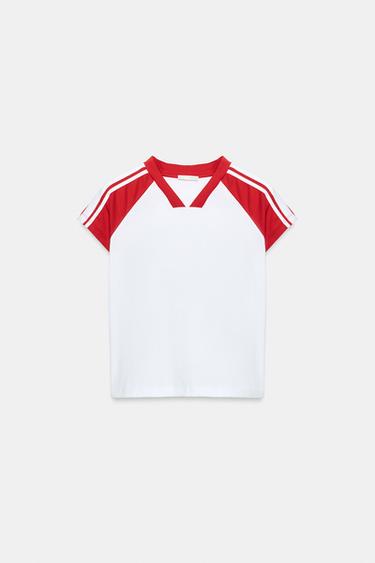 Zara SIDE STRIPE RAGLAN SLEEVE T-SHIRT - White / Red