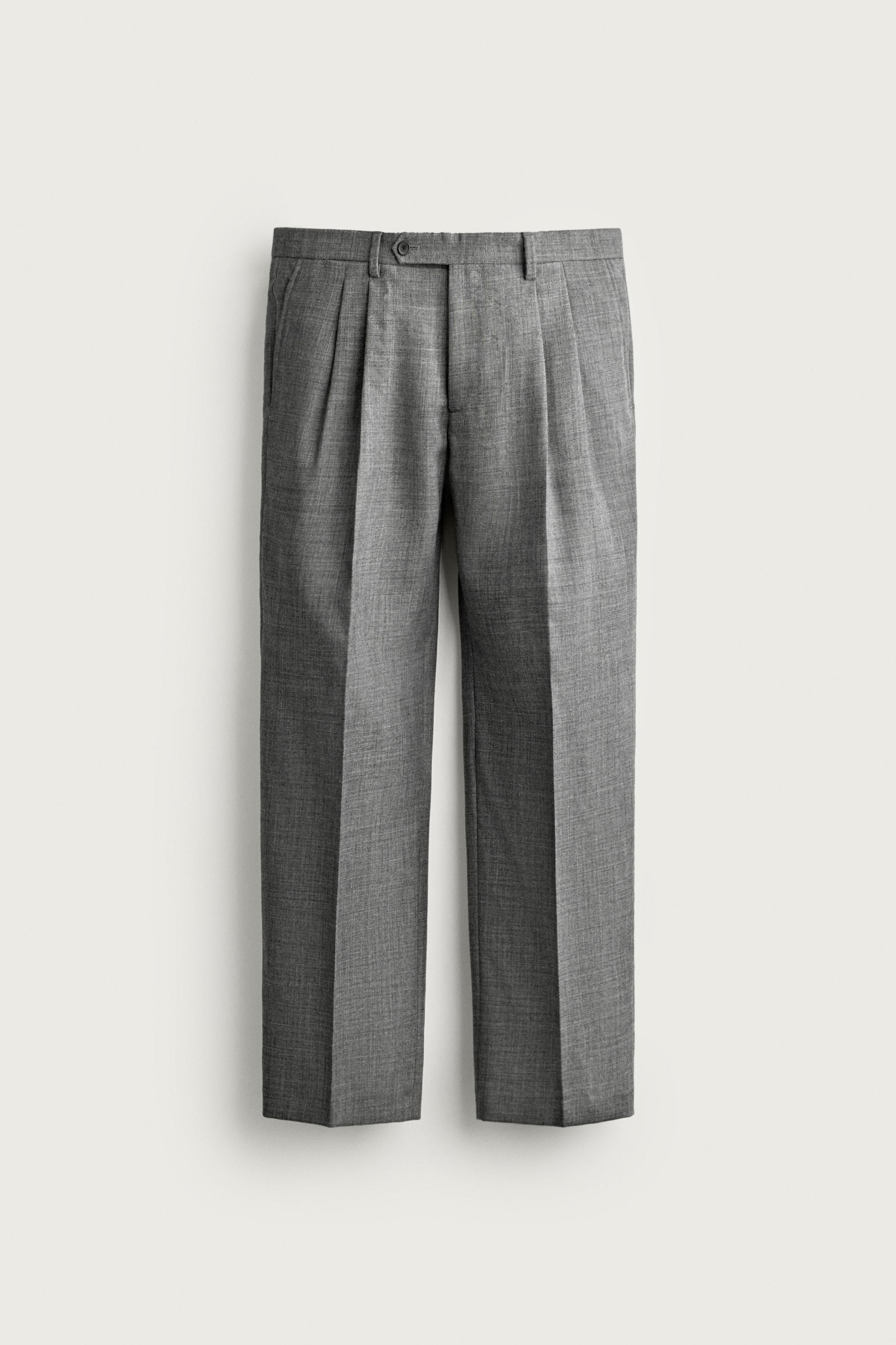 100% WOOL PLEATED TROUSERS — Mid-gray
