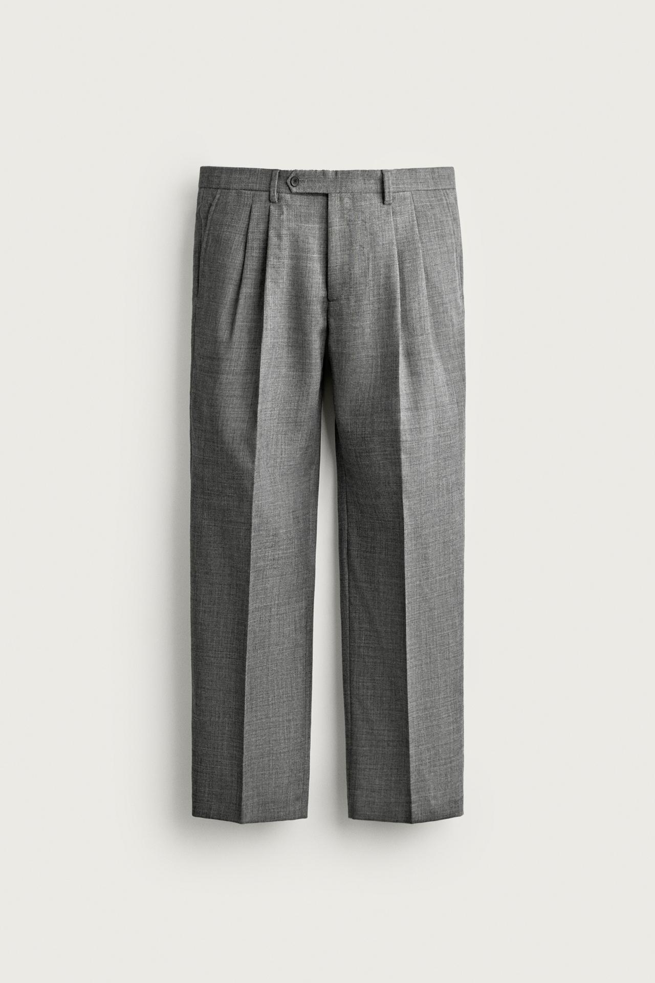 100% WOOL PLEATED PANTS — Mid-gray