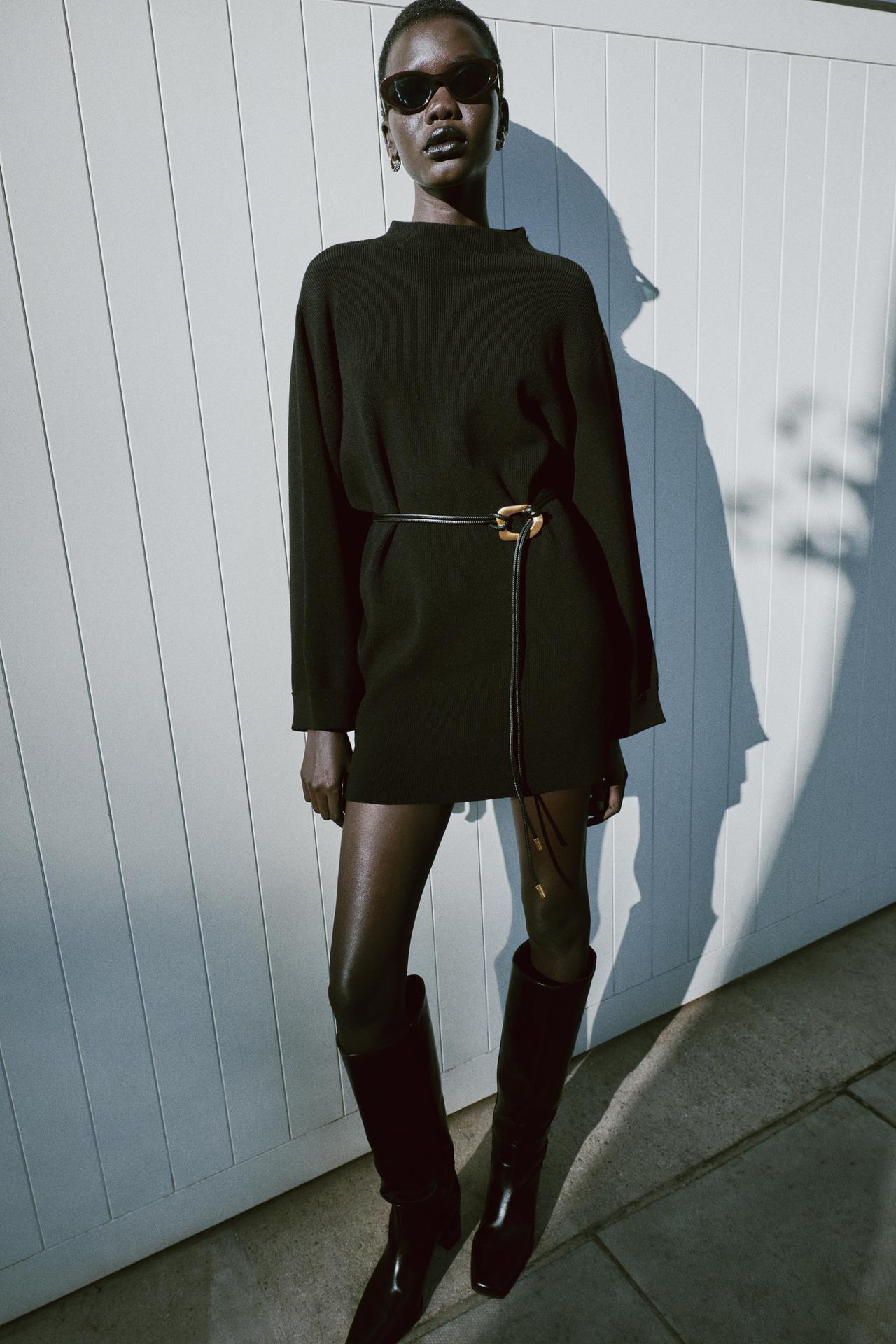 BELTED KNIT SHORT DRESS — Black