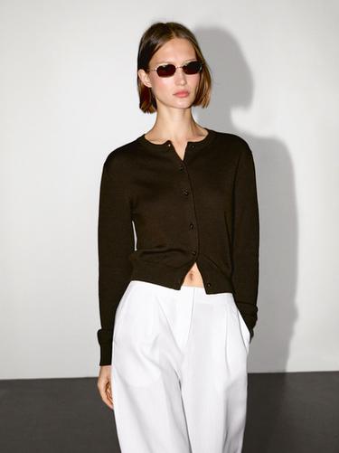 Zara Knit cardigan with rhinestone button detail - Chocolate