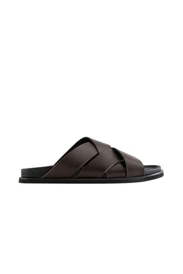 Zara LEATHER CROSSOVER STRAP SANDALS - Brown