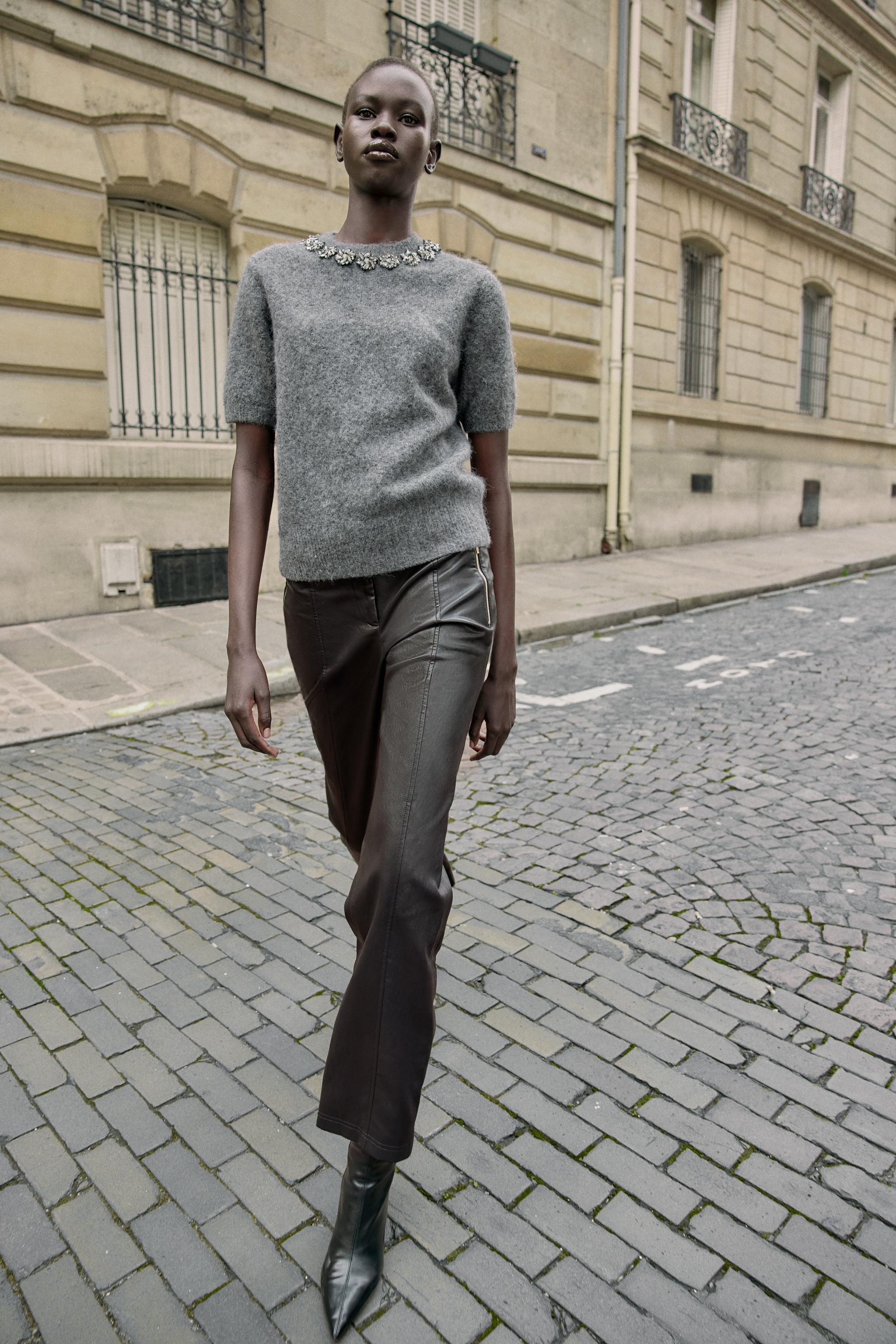 SHORT SLEEVE JEWEL BEAD KNIT JUMPER - Gray | ZARA United States