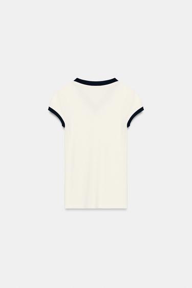 T-SHIRT CÔTELÉ EN CONTRASTE - Écru de Zara - Image 5