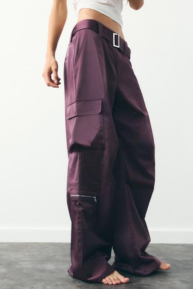 SATIN CARGO TROUSERS - Dark aubergine by Zara
