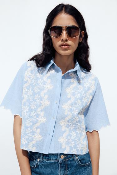 CAMISA CORTA BORDADOS - Celeste de Zara