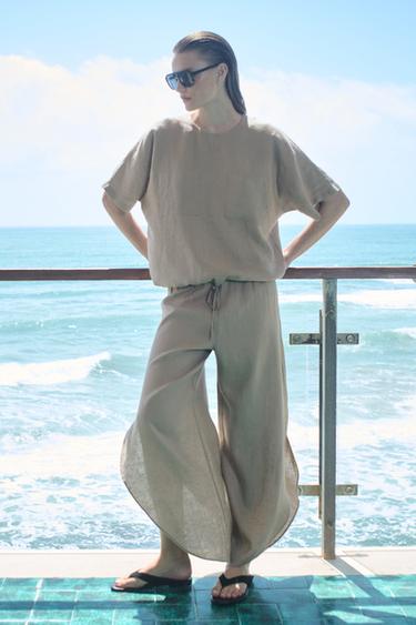 100% LINEN TROUSERS WITH VENTS ZW COLLECTION - Brown / Taupe by Zara