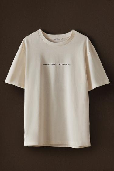 Zara SHORT SLEEVE TEXT T-SHIRT - Cream