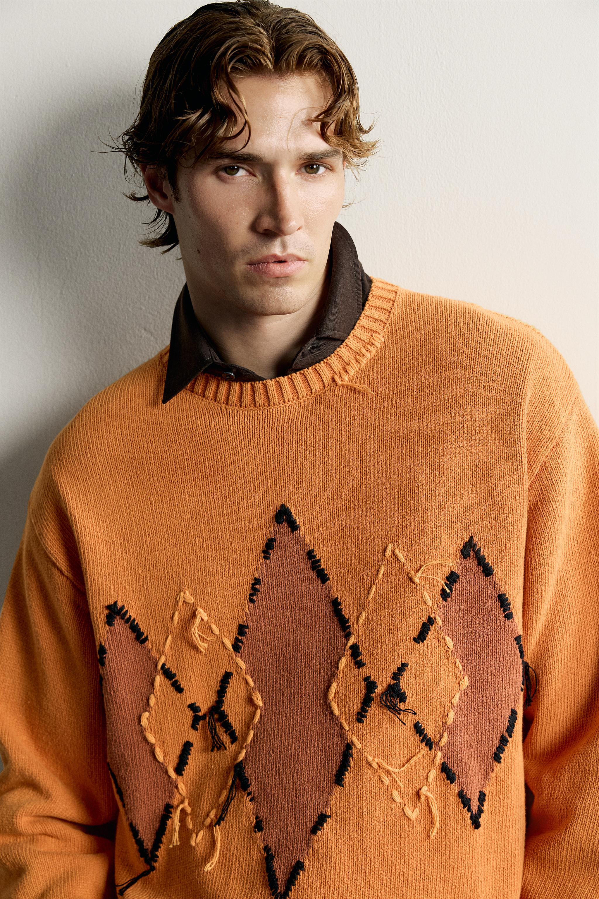 Zara GEOMETRİK JAKARLI KUMAŞ RELAXED FIT SÜET KAZAK görsel 5