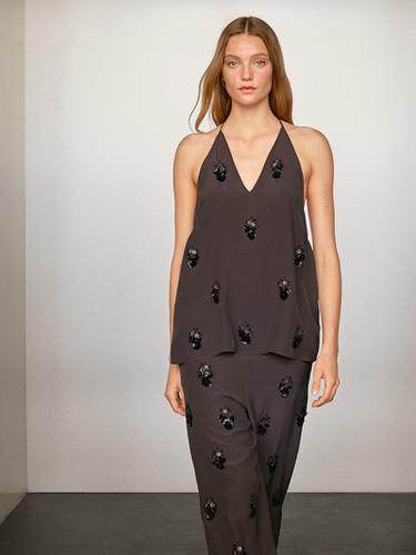 Zara Flowing trousers with floral appliqués - Blue / Indigo