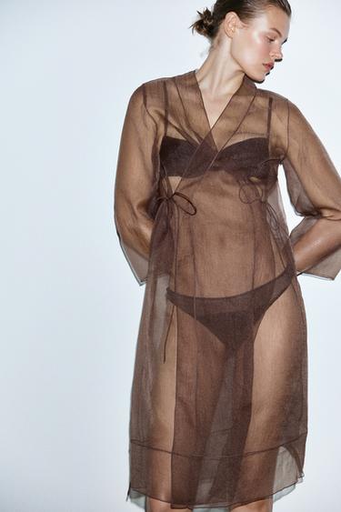 Zara ORGANZA KIMONO - Dark maroon