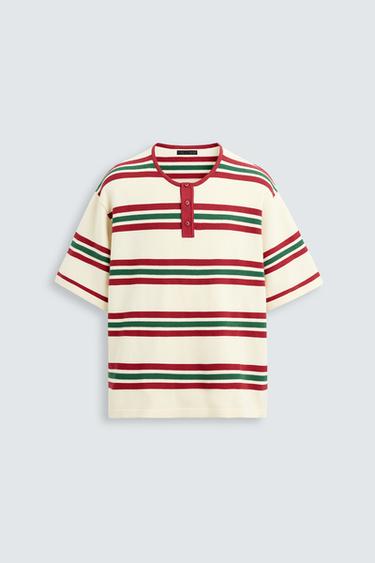 Zara STRIPED TEXTURED KNIT T-SHIRT - Red
