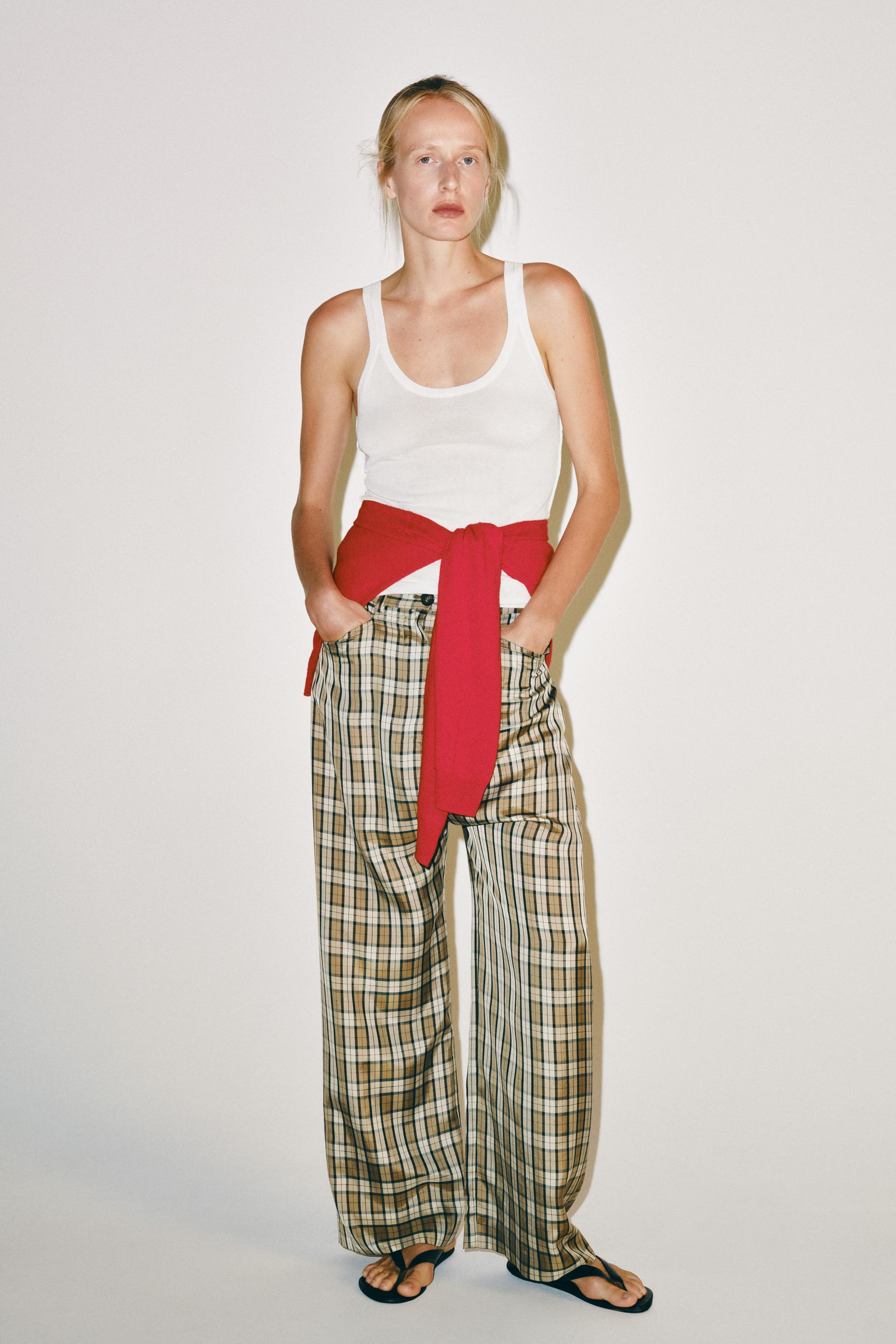 ZW COLLECTION PLAID PANTS — Beige / Taupe brown