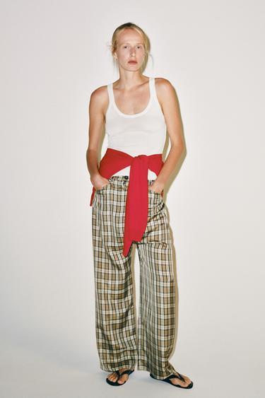 Zara KARIRANE HLAČE ZW COLLECTION – bež / žuto-smeđa