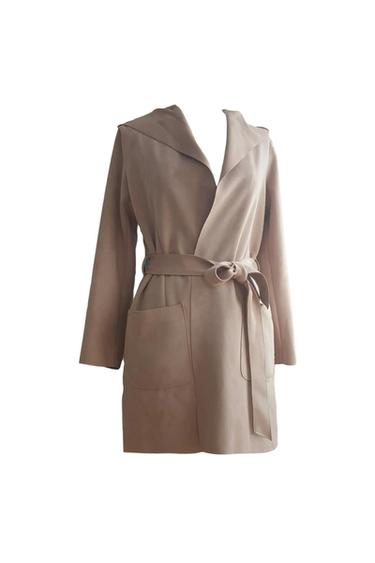 VESTE ROSE EFFET DAIM AVEC CAPUCHE ET CEINTURE