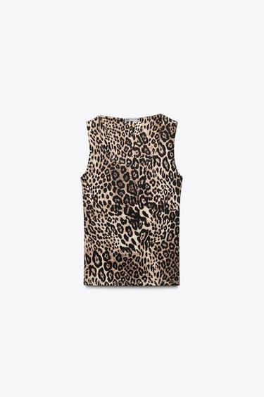 Zara WIDE STRAP POLYAMIDE TOP - Leopard / taupe brown