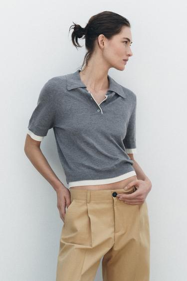CONTRAST KNIT POLO TOP - Light grey by Zara