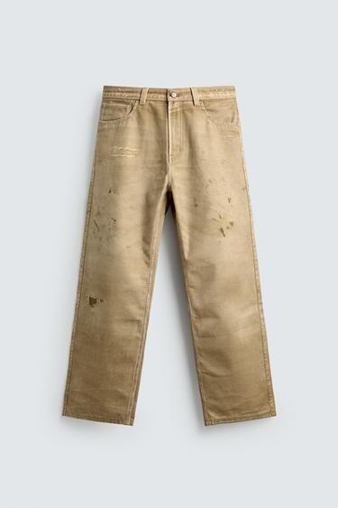 WASHED PRINTED STRAIGHT-LEG TROUSERS - camel by Zara