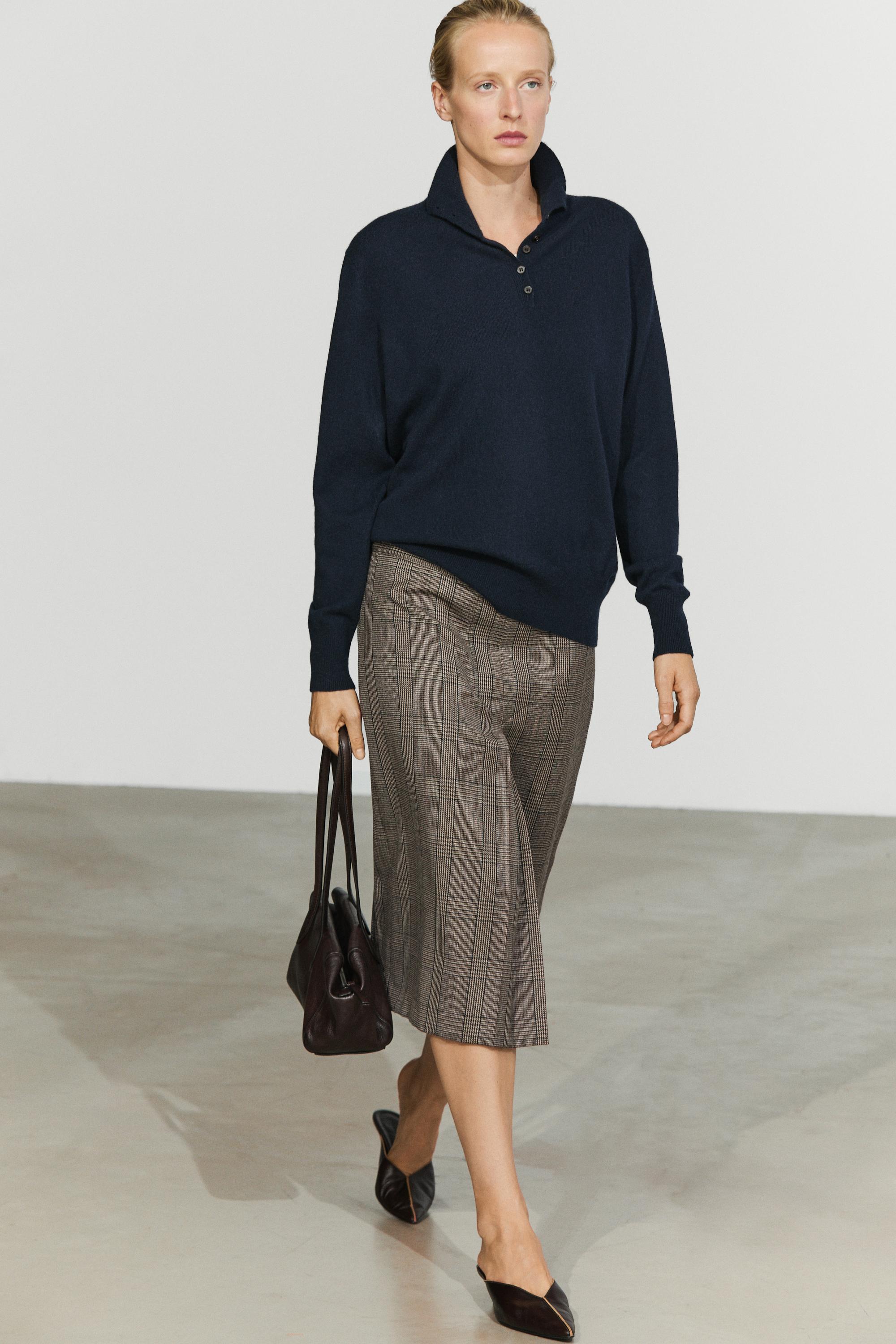 100% wool check midi skirt with pleat detail