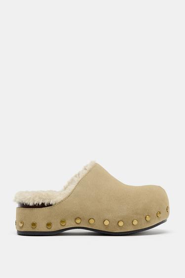 STUDDED SPLIT SUEDE CLOGS - Sand Brown by Zara