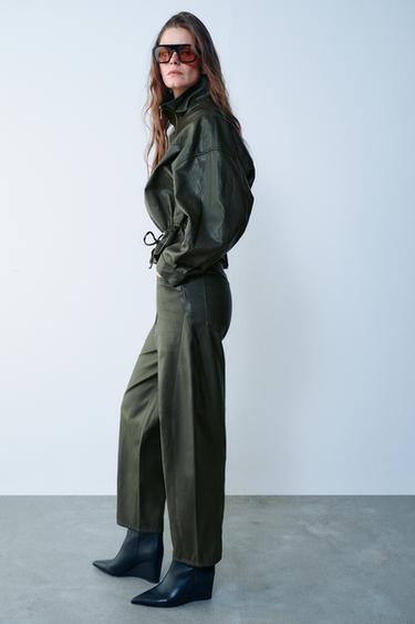 FAUX LEATHER BARREL PANTS — Dark khaki 1