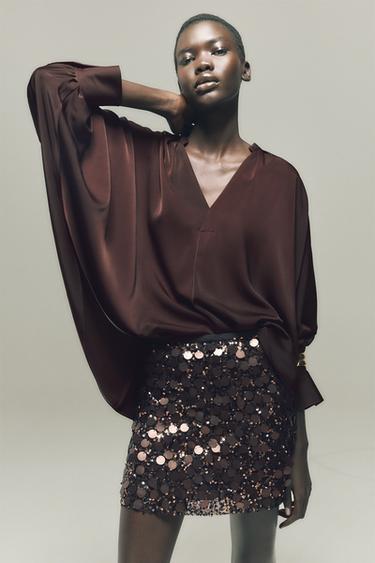 Zara SATIN EFFECT CAPE SLEEVE BLOUSE - Brown