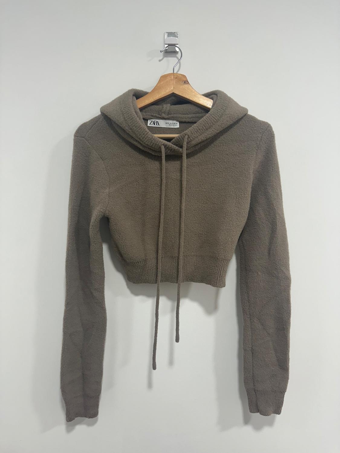 Brown cropped hoodie with a drawstring, hanging on a wooden hanger against a white background. Visible label: Zara.