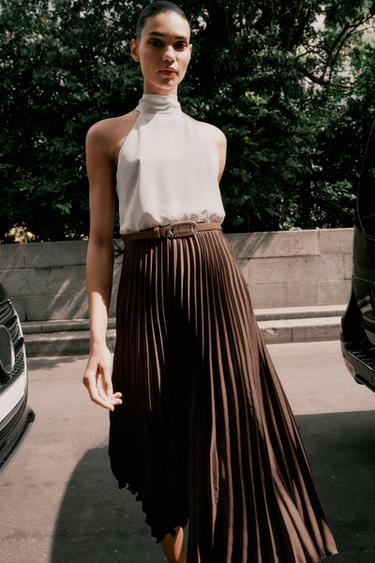 PLEATED COMBINED MIDI DRESS - Brown by Zara