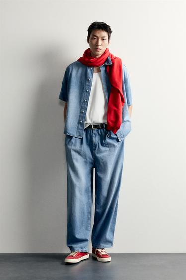 Zara 打褶丹寧休閒長褲 - 中藍色