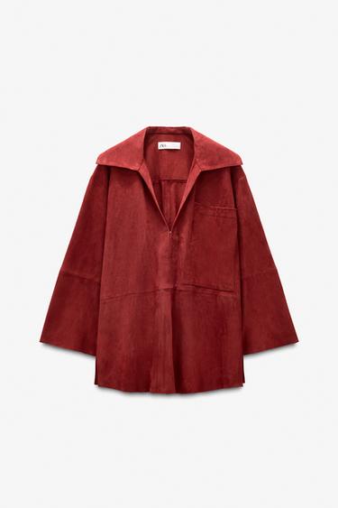 Zara LIMITED EDITION SUEDE LEATHER POCKET SHIRT - Burgundy