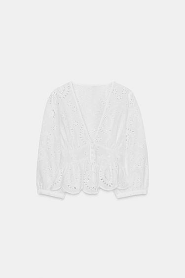 Zara EMBROIDERED V-NECK SHIRT - White
