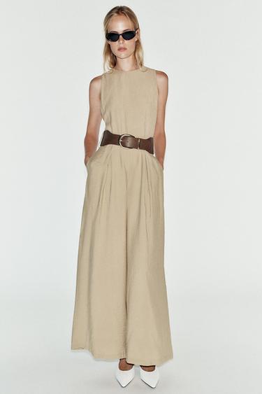 COMBINED WIDE-LEG BELTED JUMPSUIT — Beige 2