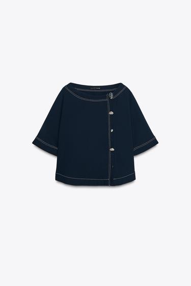 Zara TOPSTITCHED TOP - Navy blue