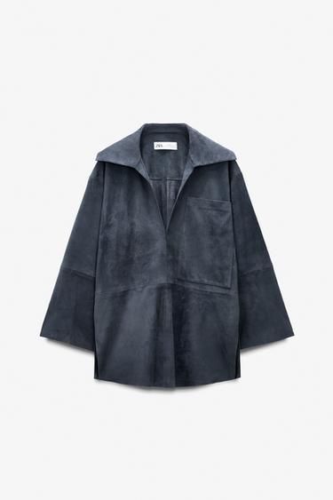 Zara LIMITED EDITION SUEDE LEATHER POCKET SHIRT - Anthracite grey