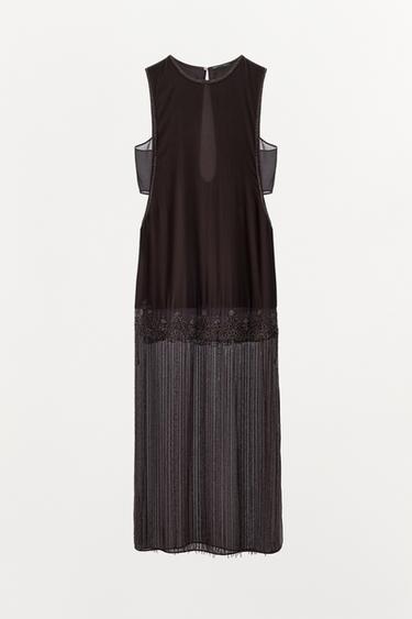 COMBINED VELVET DRESS WITH BEADS AND FRINGES - Anthracite Grey by Zara