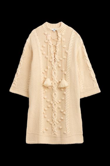 Zara LIMITED EDITION LACE-UP KNIT PONCHO - Ecru