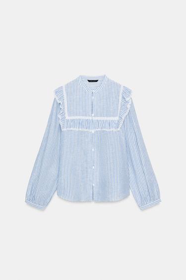 Zara METALLIC THREAD RUFFLED STRIPED SHIRT - Blue / White