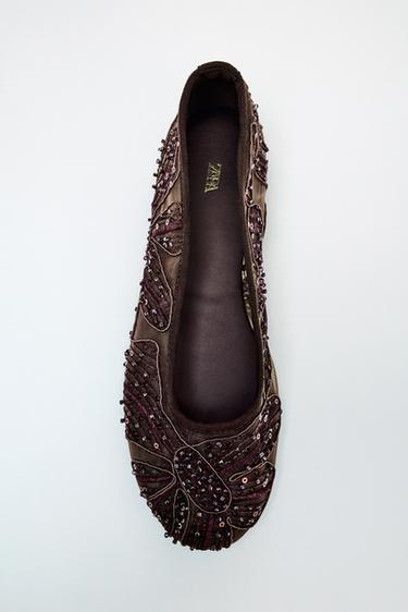 БАЛЕТКИ ИЗ СЕТЧАТОЙ ТКАНИ С ВЫШИВКОЙ — КОРИЧНЕВЫЙ от Zara