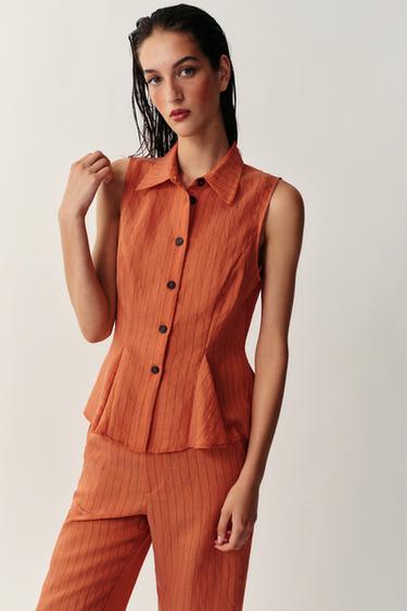 Zara STRIPED PEPLUM VEST - Russet