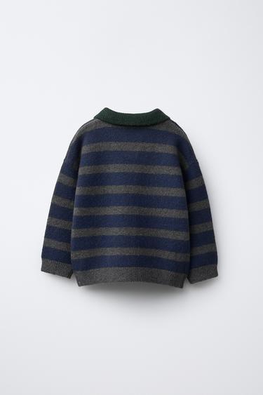 CONTRAST STRIPED KNITTED POLO SHIRT - Blue grey by Zara - Image 1