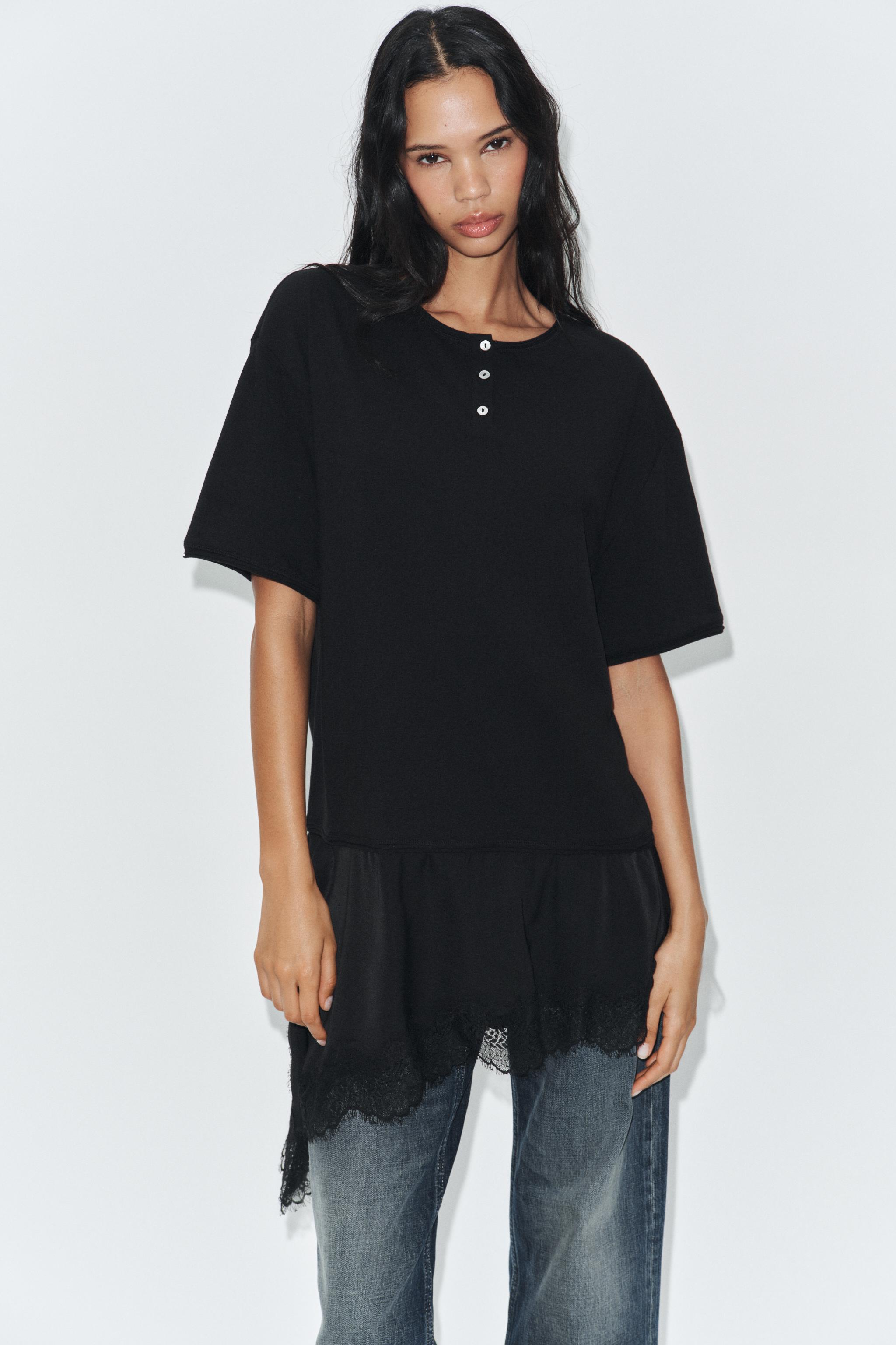 DANTELLİ KONTRAST DÜĞMELİ YAKA T-SHIRT - Görsel 2