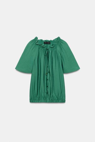 Zara RUFFLED ROMANTIC BLOUSE - Green