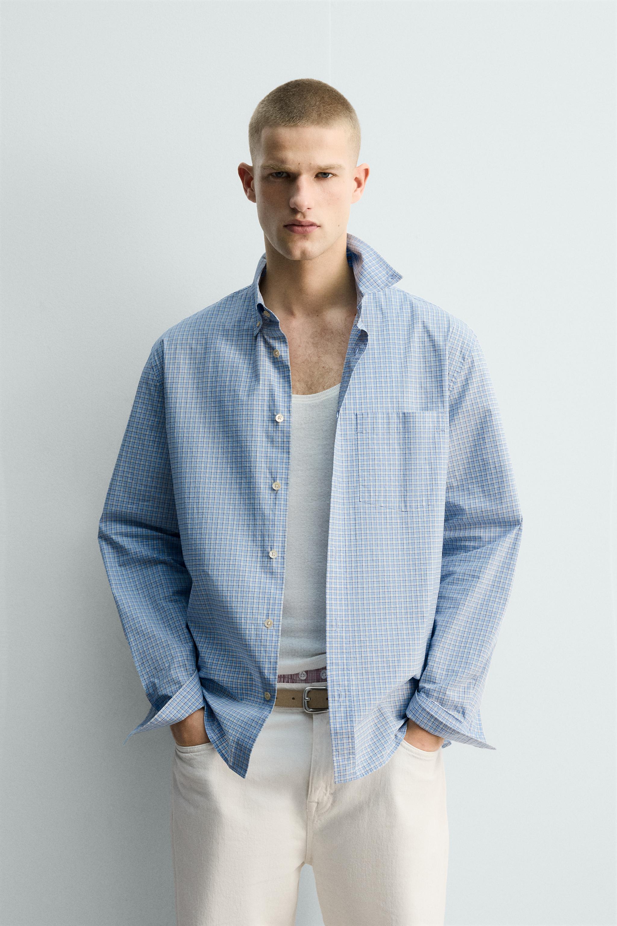 RELAXED FIT PLAID SHIRT — Sky blue