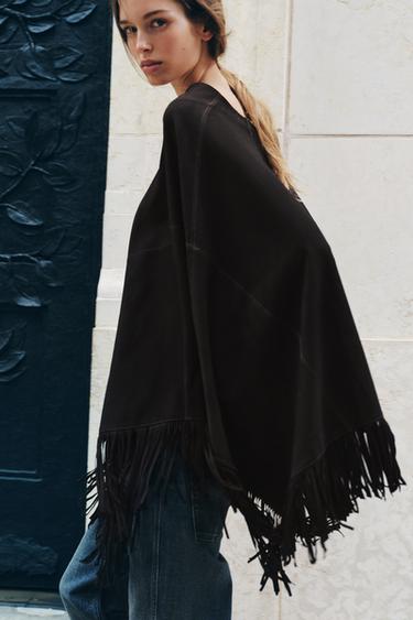 LEATHER FRINGE CAPE - Brown by Zara