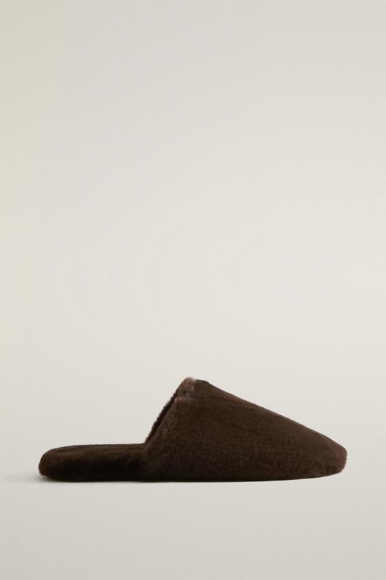 FAUX FUR-EFFECT MULE SLIPPERS - بني الخاص بـ Zara - صورة 0